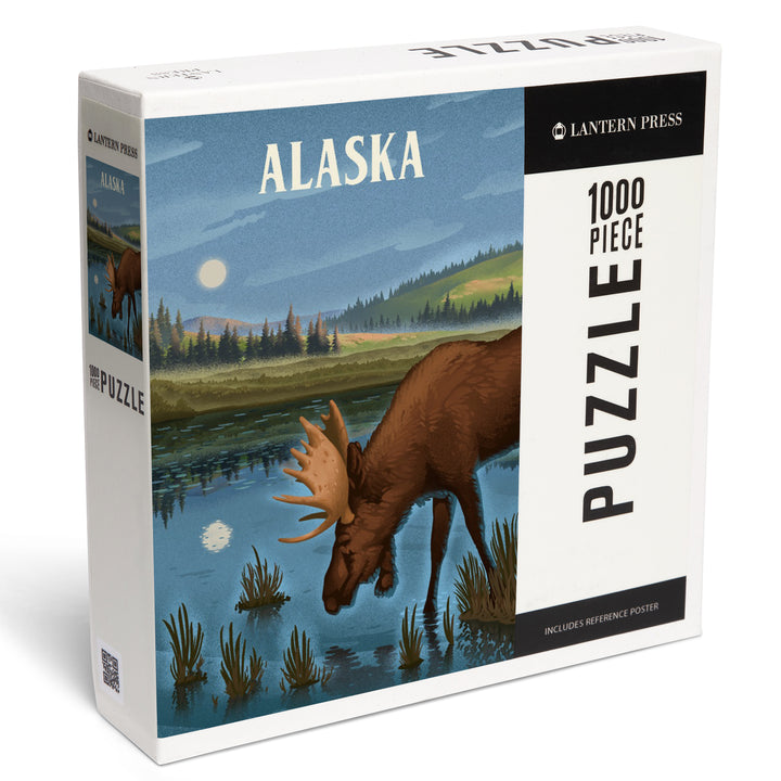 Alaska, Lithograph, Reflection Pond and Bull Moose, Jigsaw Puzzle Puzzle Lantern Press