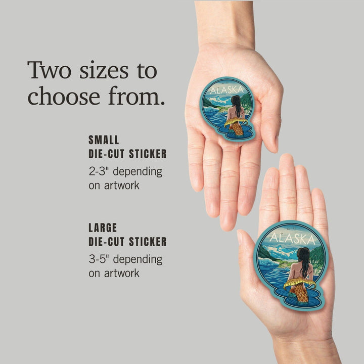 Alaska, Mermaid and Glaciers, Woodblock Print, Contour, Vinyl Sticker Sticker Lantern Press