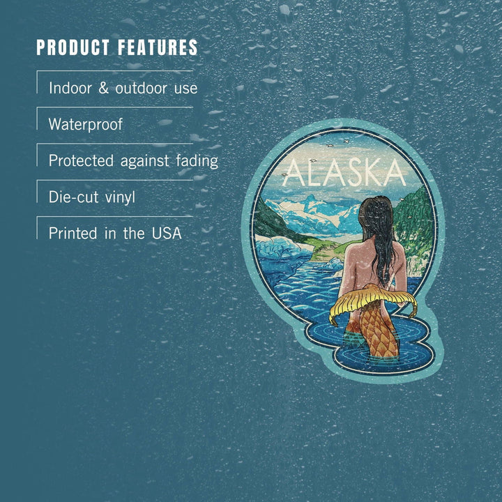 Alaska, Mermaid and Glaciers, Woodblock Print, Contour, Vinyl Sticker Sticker Lantern Press