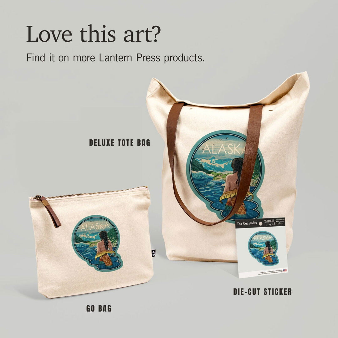 Alaska, Mermaid and Glaciers, Woodblock Print, Contour, Vinyl Sticker Sticker Lantern Press