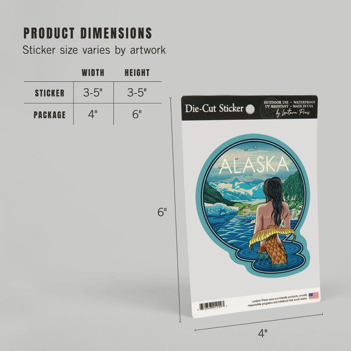 Alaska, Mermaid and Glaciers, Woodblock Print, Contour, Vinyl Sticker Sticker Lantern Press