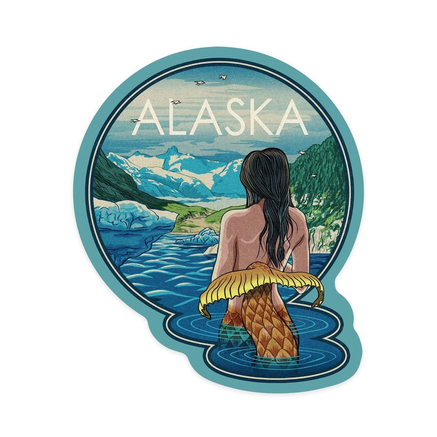 Alaska, Mermaid and Glaciers, Woodblock Print, Contour, Vinyl Sticker Sticker Lantern Press