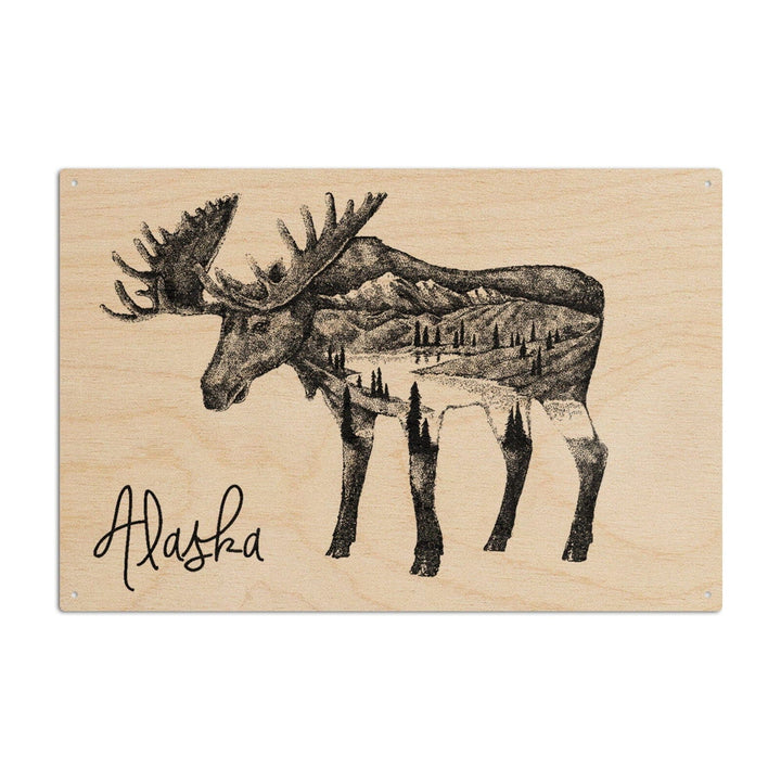 Alaska, Moose & Mountains, Double Exposure, Lantern Press Artwork, Wood Signs and Postcards Wood Lantern Press 10 x 15 Wood Sign