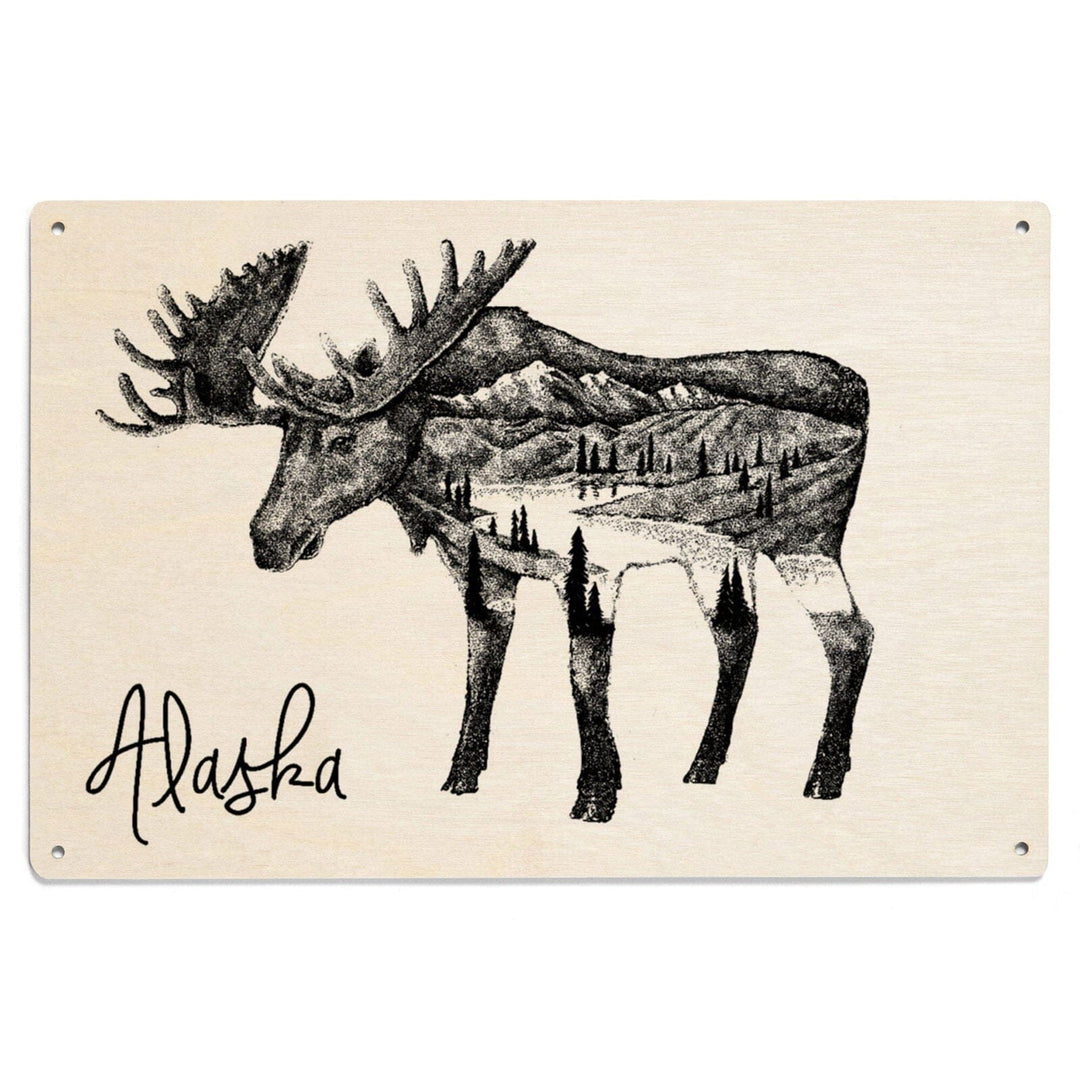 Alaska, Moose & Mountains, Double Exposure, Lantern Press Artwork, Wood Signs and Postcards Wood Lantern Press