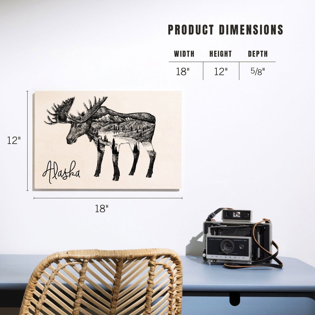 Alaska, Moose & Mountains, Double Exposure, Lantern Press Artwork, Wood Signs and Postcards Wood Lantern Press