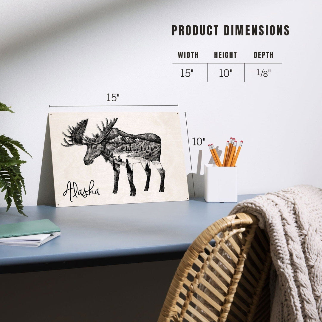 Alaska, Moose & Mountains, Double Exposure, Lantern Press Artwork, Wood Signs and Postcards Wood Lantern Press