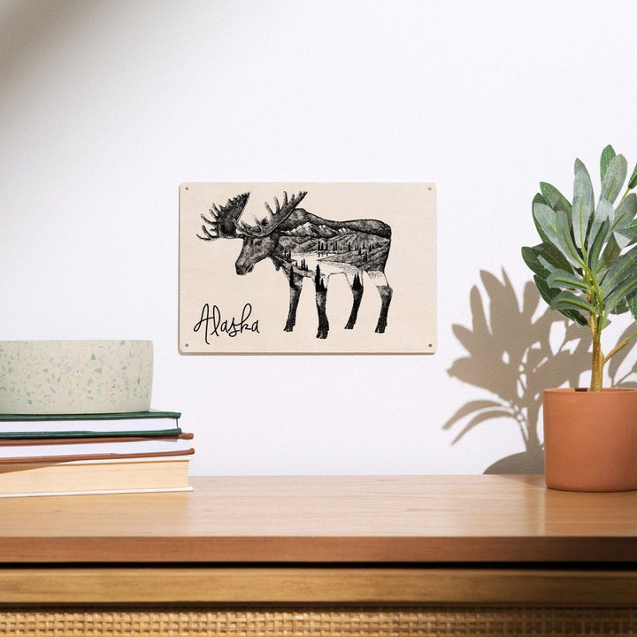 Alaska, Moose & Mountains, Double Exposure, Lantern Press Artwork, Wood Signs and Postcards Wood Lantern Press