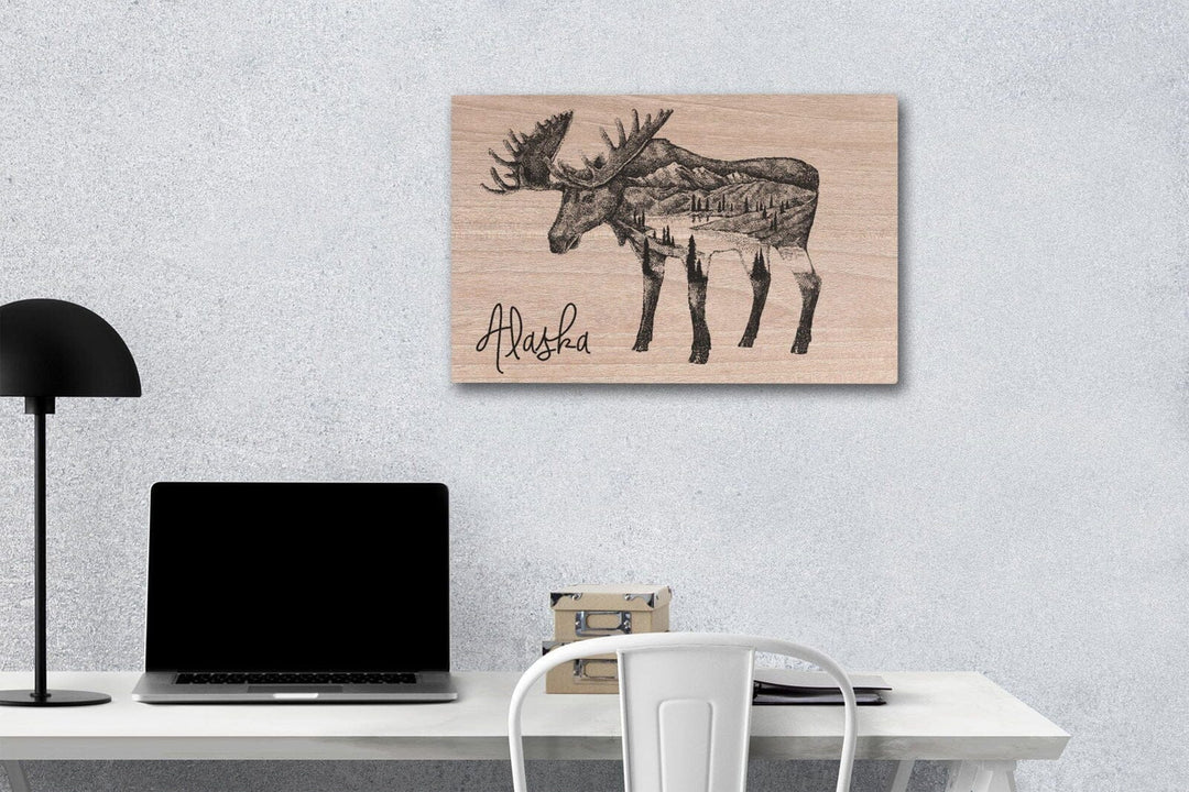 Alaska, Moose & Mountains, Double Exposure, Lantern Press Artwork, Wood Signs and Postcards Wood Lantern Press