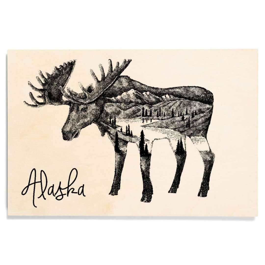 Alaska, Moose & Mountains, Double Exposure, Lantern Press Artwork, Wood Signs and Postcards Wood Lantern Press