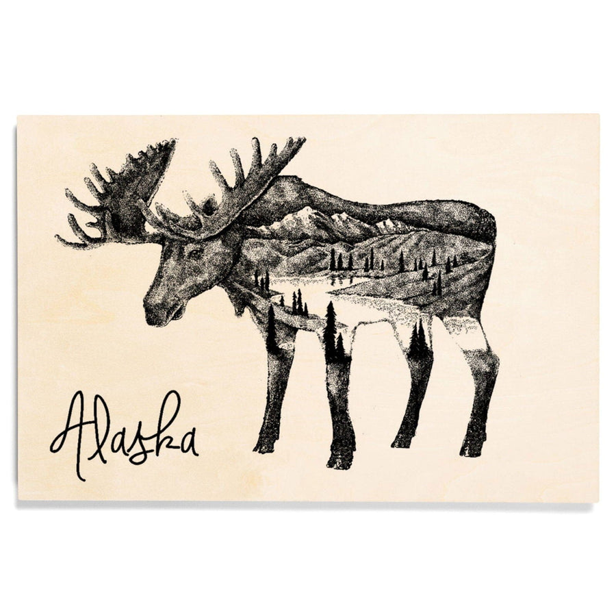 Alaska, Moose & Mountains, Double Exposure, Lantern Press Artwork, Wood Signs and Postcards Wood Lantern Press