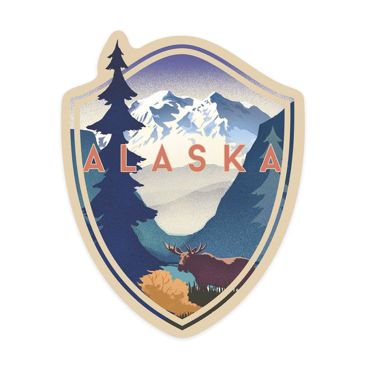 Alaska, Mountain Scene, Lithograph, Contour, Vinyl Sticker Sticker Lantern Press