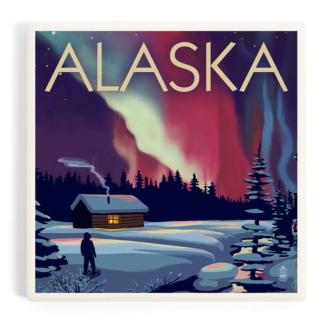 Alaska, Northern Lights and Cabin, Coasters Coasters Lantern Press