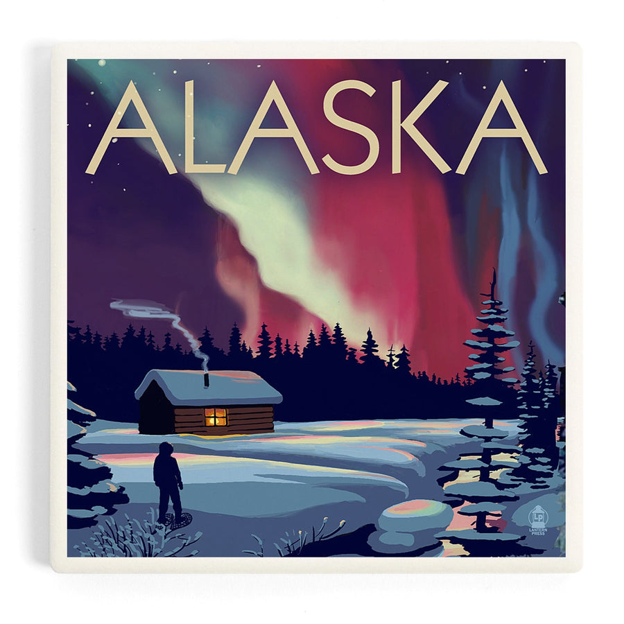 Alaska, Northern Lights and Cabin, Coasters Coasters Lantern Press