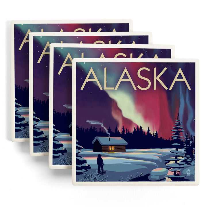 Alaska, Northern Lights and Cabin, Coasters Coasters Lantern Press