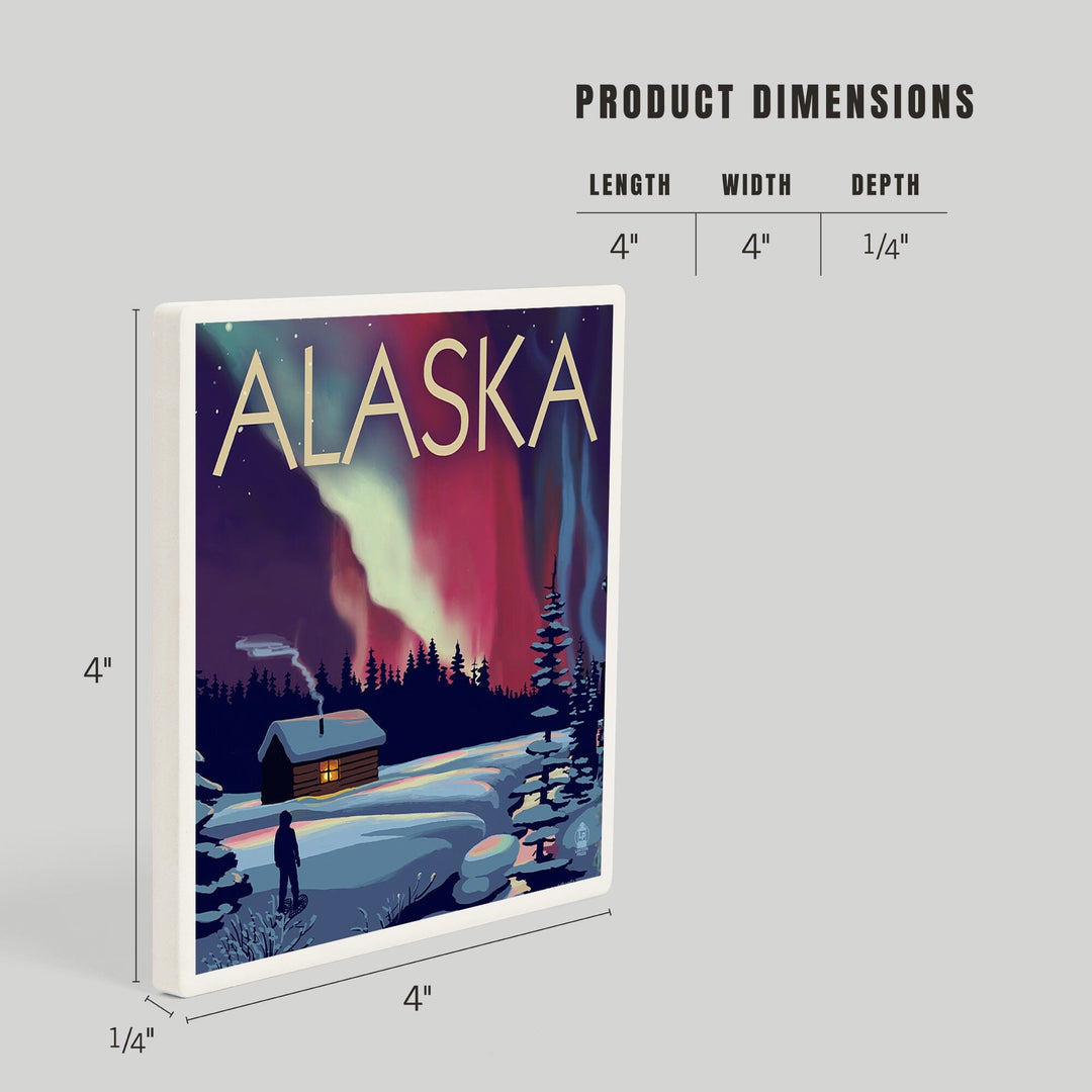 Alaska, Northern Lights and Cabin, Coasters Coasters Lantern Press