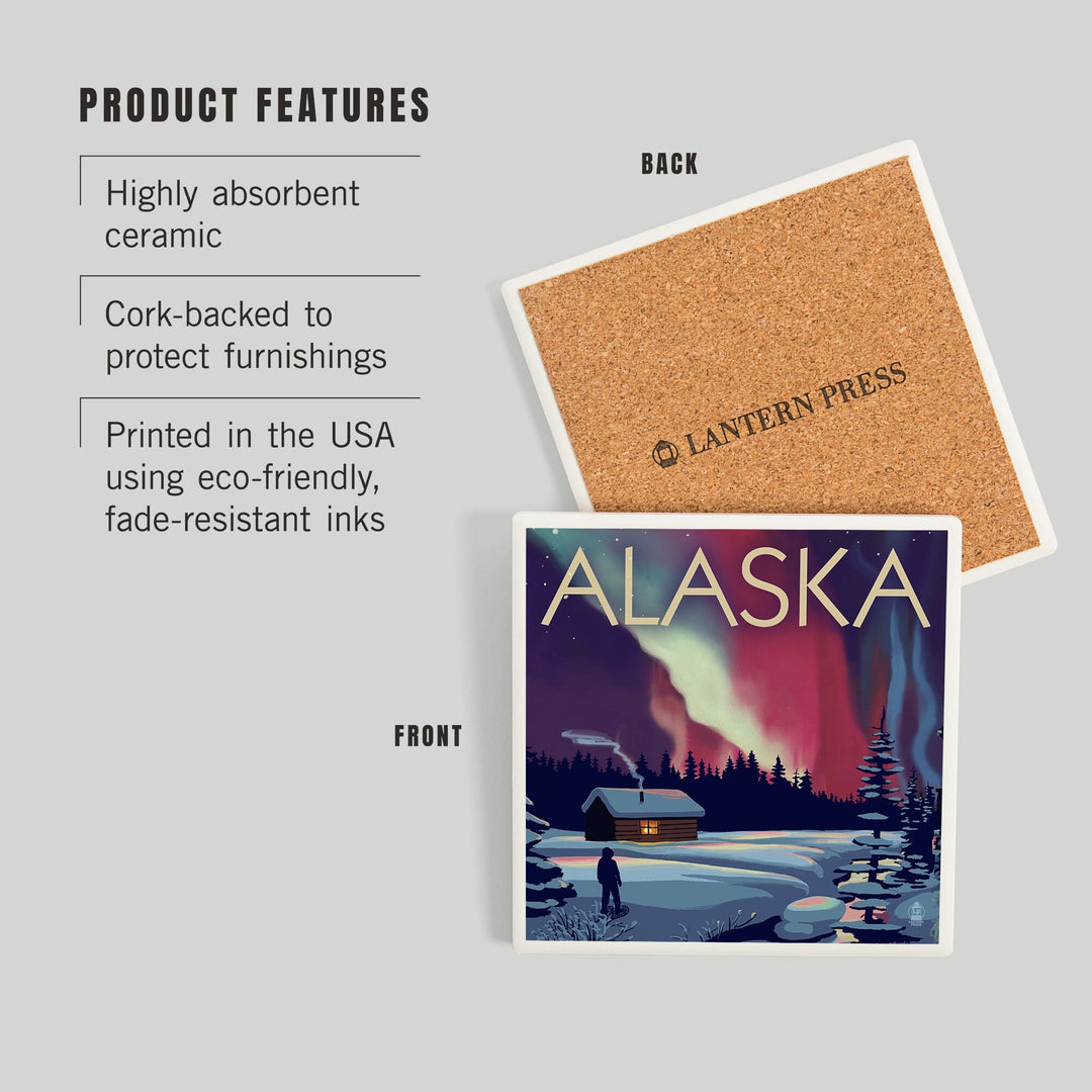 Alaska, Northern Lights and Cabin, Coasters Coasters Lantern Press