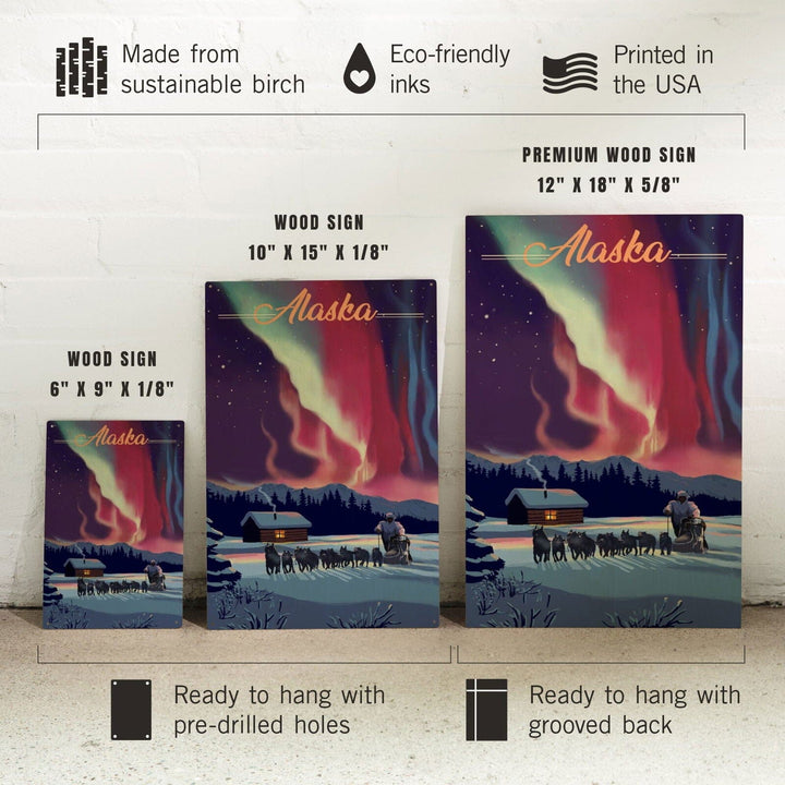 Alaska, Northern Lights & Dogsled, Lantern Press Artwork, Wood Signs and Postcards Wood Lantern Press
