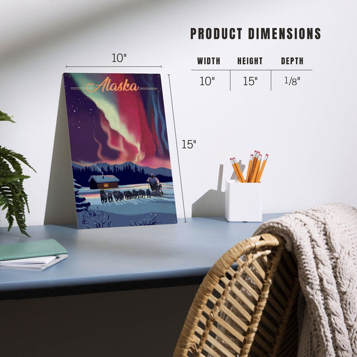 Alaska, Northern Lights & Dogsled, Lantern Press Artwork, Wood Signs and Postcards Wood Lantern Press
