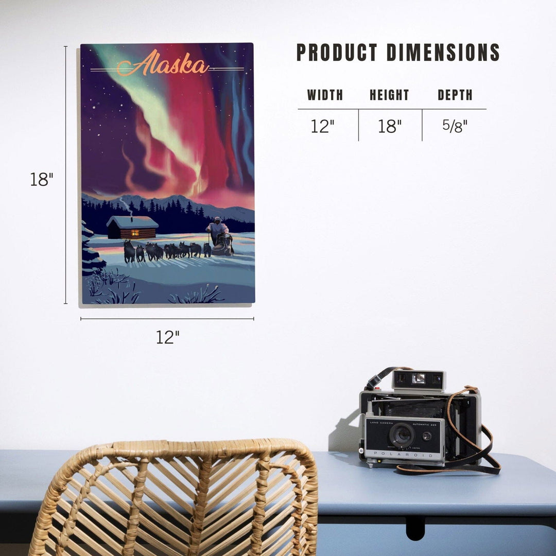Alaska, Northern Lights & Dogsled, Lantern Press Artwork, Wood Signs and Postcards Wood Lantern Press