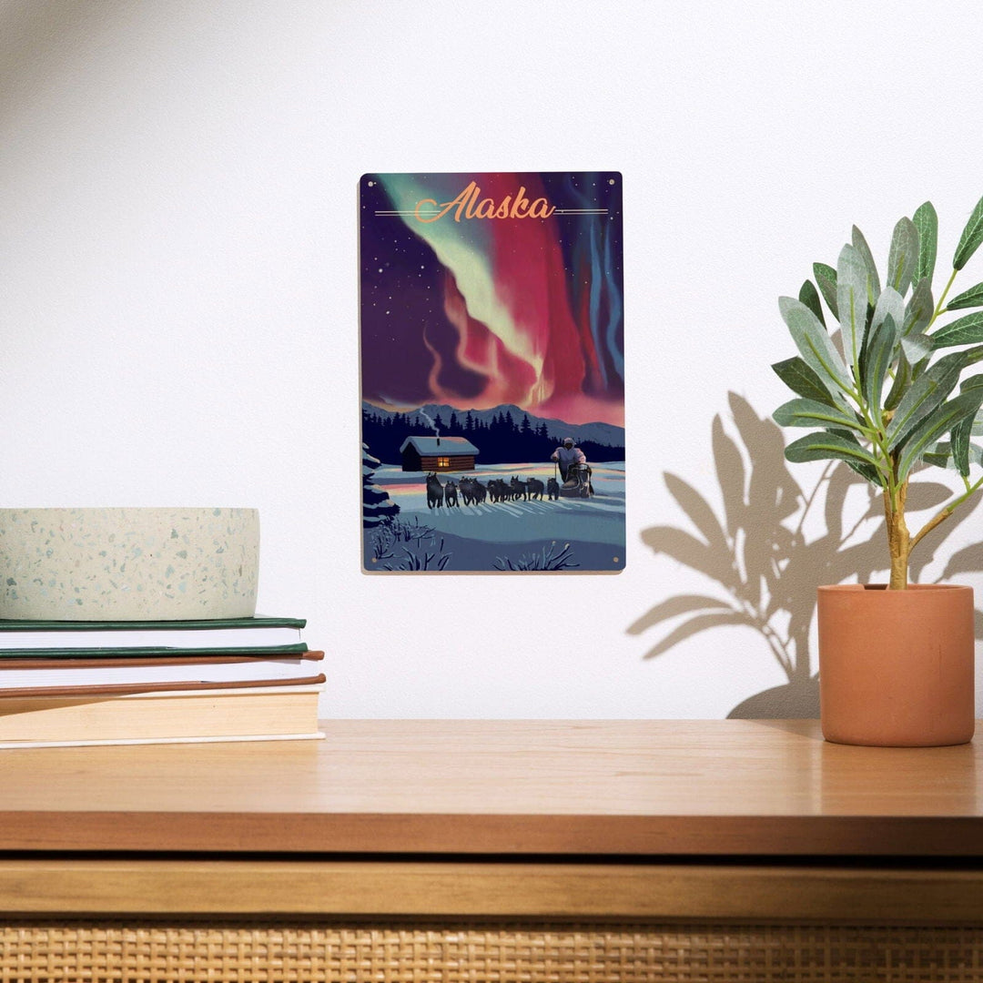 Alaska, Northern Lights & Dogsled, Lantern Press Artwork, Wood Signs and Postcards Wood Lantern Press