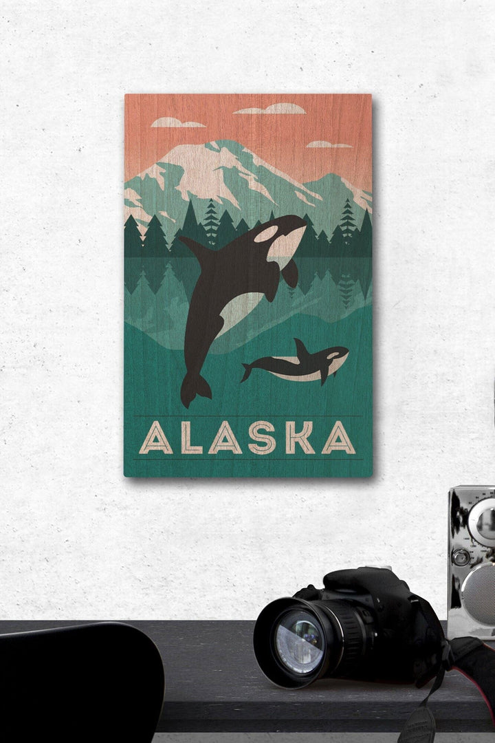 Alaska, Orca Whale & Calf, Lantern Press Artwork, Wood Signs and Postcards Wood Lantern Press 12 x 18 Wood Gallery Print