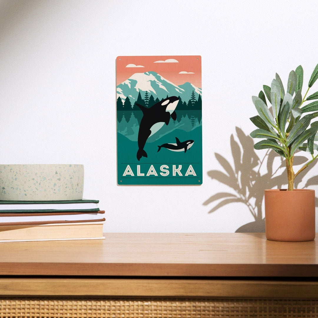 Alaska, Orca Whale & Calf, Lantern Press Artwork, Wood Signs and Postcards Wood Lantern Press