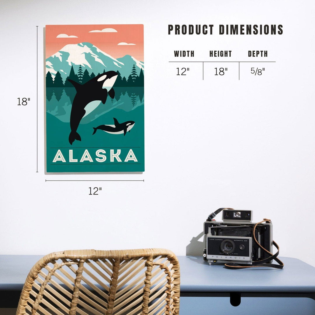 Alaska, Orca Whale & Calf, Lantern Press Artwork, Wood Signs and Postcards Wood Lantern Press