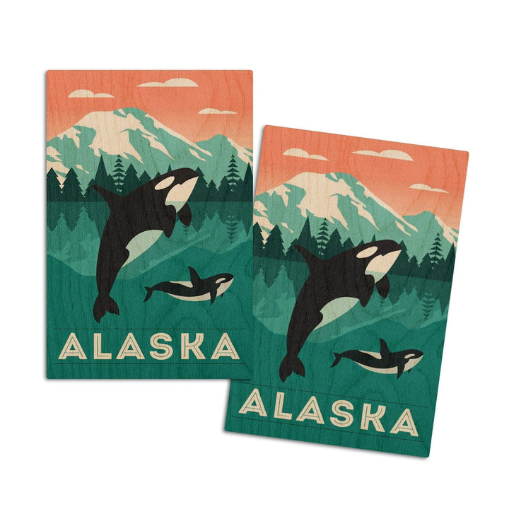 Alaska, Orca Whale & Calf, Lantern Press Artwork, Wood Signs and Postcards Wood Lantern Press 4x6 Wood Postcard Set