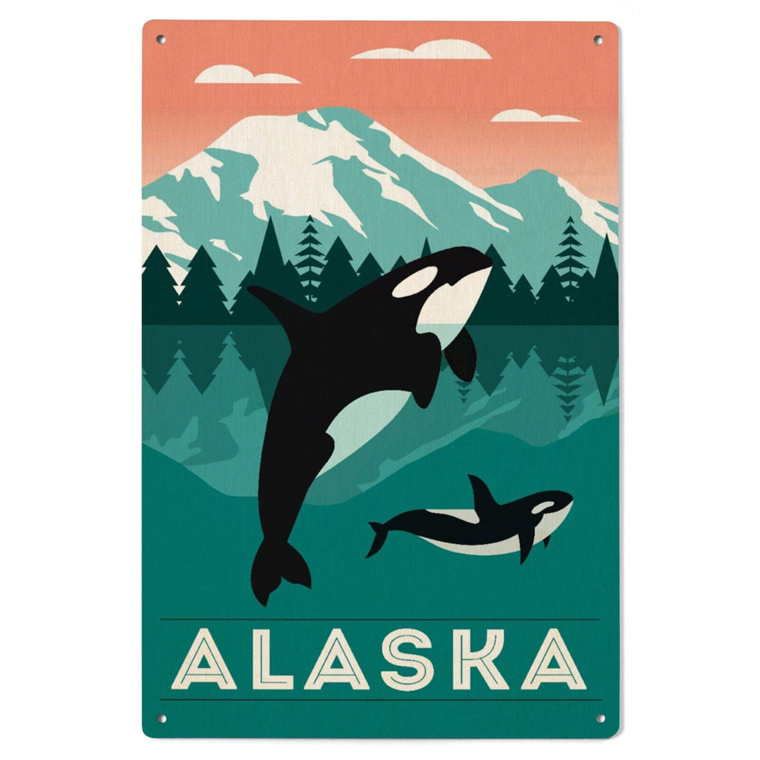 Alaska, Orca Whale & Calf, Lantern Press Artwork, Wood Signs and Postcards Wood Lantern Press