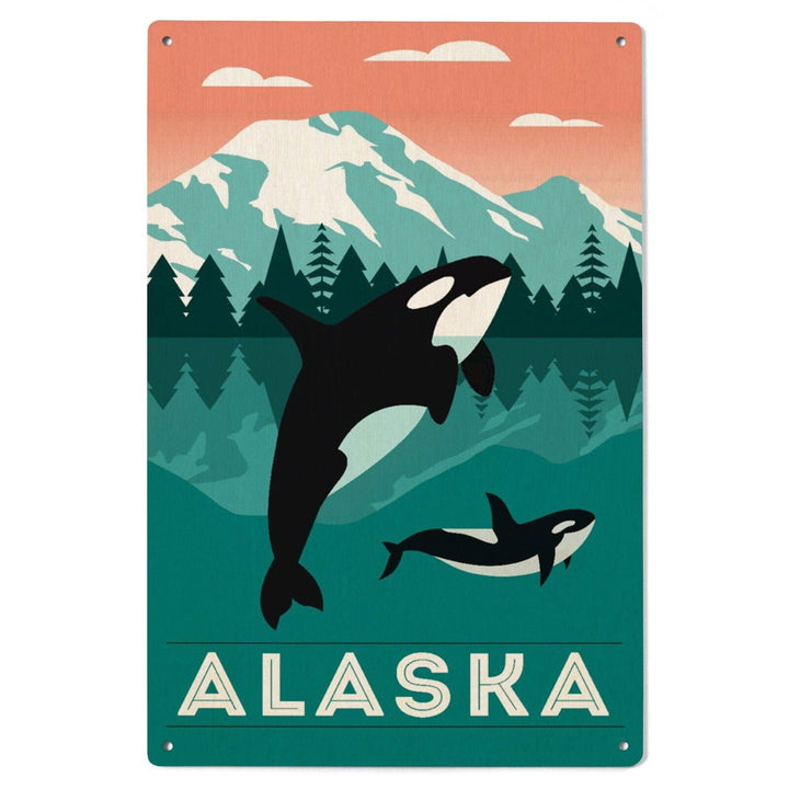 Alaska, Orca Whale & Calf, Lantern Press Artwork, Wood Signs and Postcards Wood Lantern Press