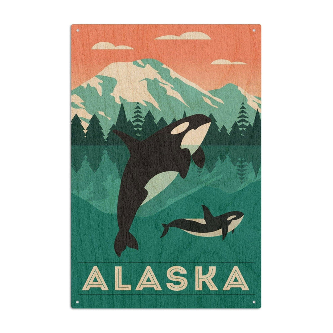 Alaska, Orca Whale & Calf, Lantern Press Artwork, Wood Signs and Postcards Wood Lantern Press