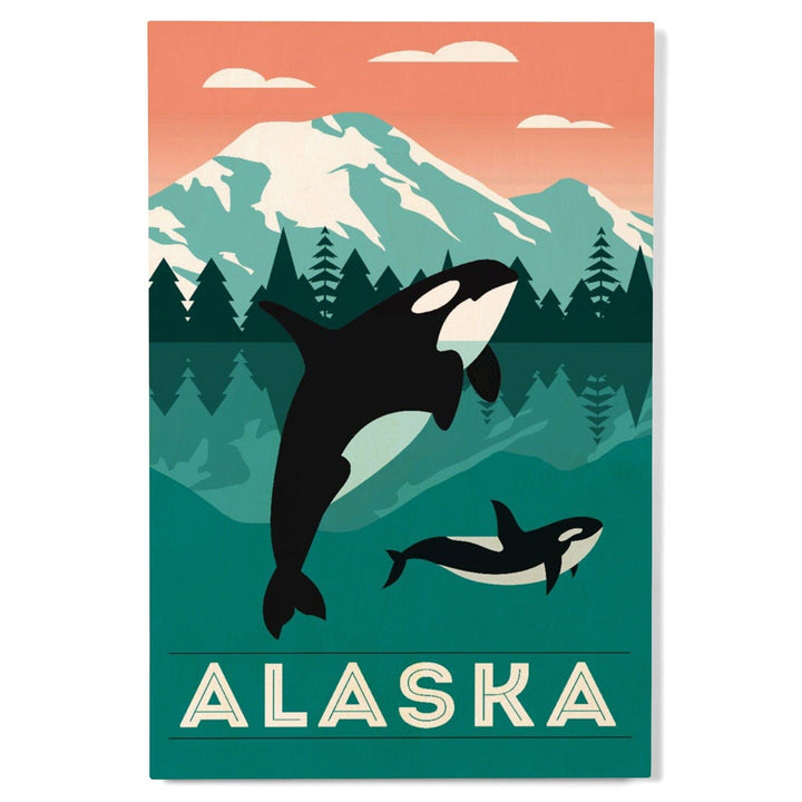 Alaska, Orca Whale & Calf, Lantern Press Artwork, Wood Signs and Postcards Wood Lantern Press