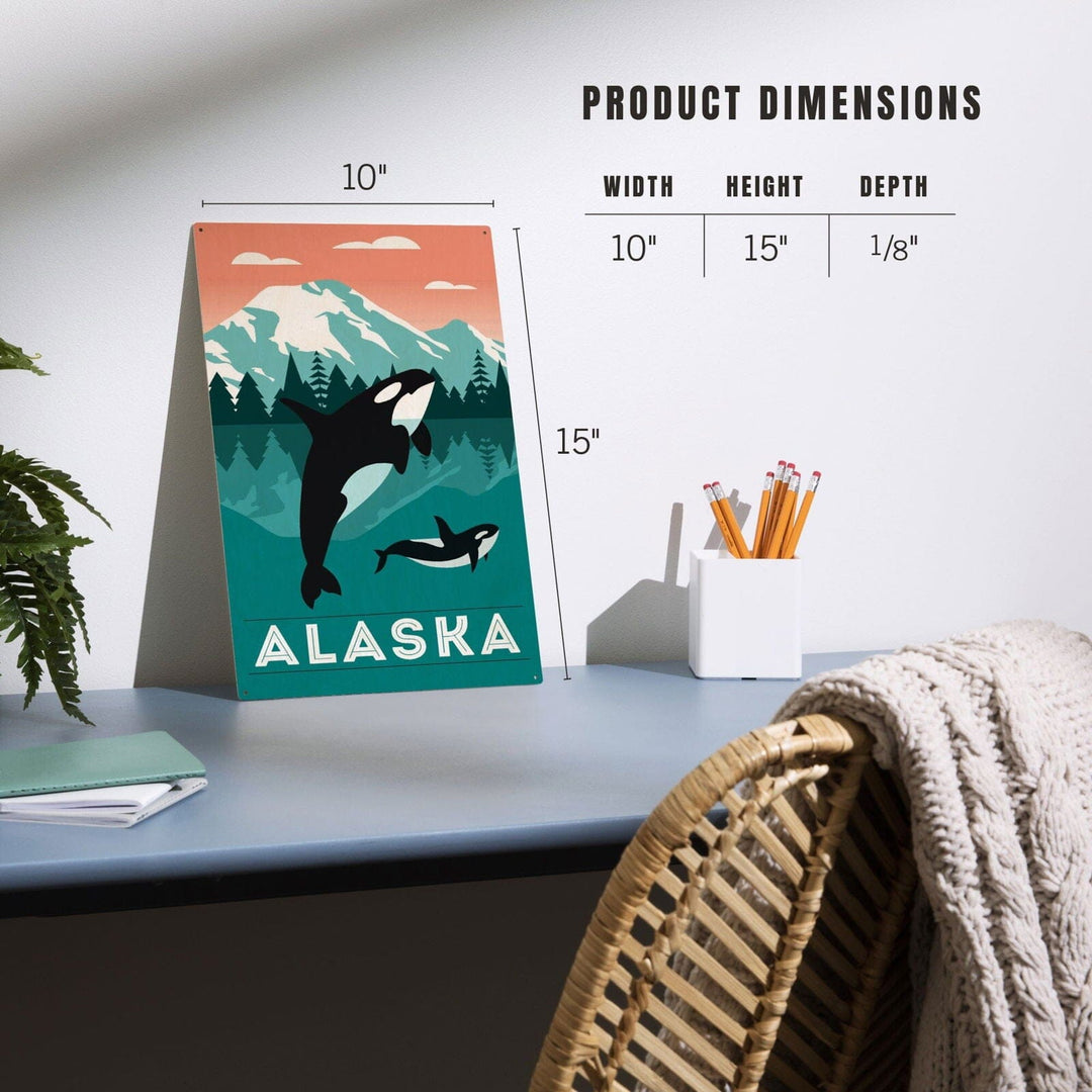Alaska, Orca Whale & Calf, Lantern Press Artwork, Wood Signs and Postcards Wood Lantern Press