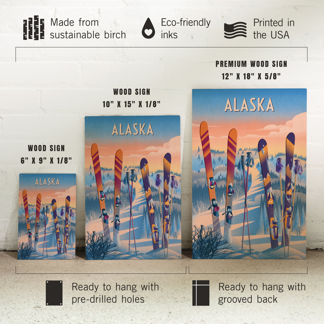 Alaska, Prepare for Takeoff, Skis in Snowbank, Wood Signs and Postcards Wood Lantern Press