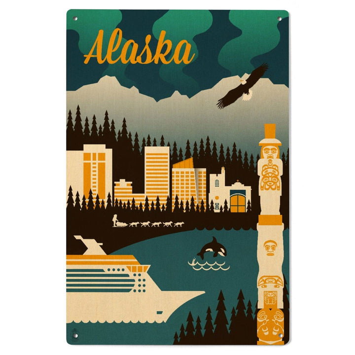 Alaska, Retro Skyline, Lantern Press Artwork, Wood Signs and Postcards Wood Lantern Press