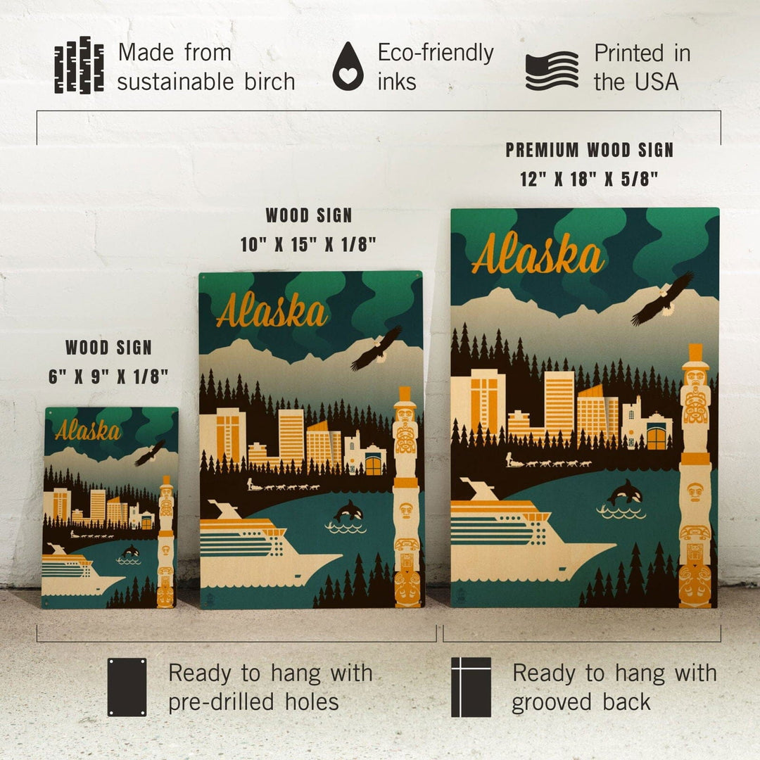 Alaska, Retro Skyline, Lantern Press Artwork, Wood Signs and Postcards Wood Lantern Press