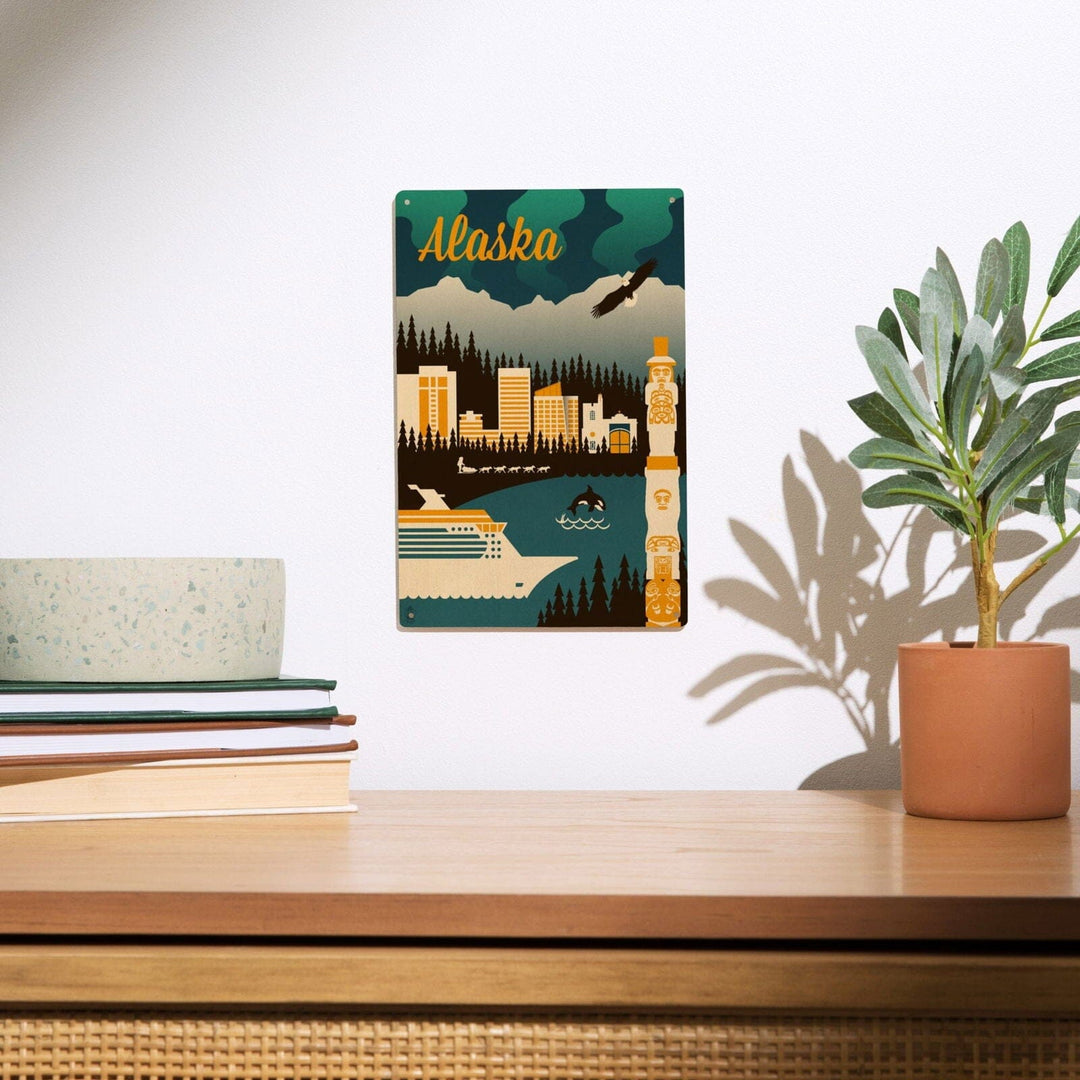 Alaska, Retro Skyline, Lantern Press Artwork, Wood Signs and Postcards Wood Lantern Press