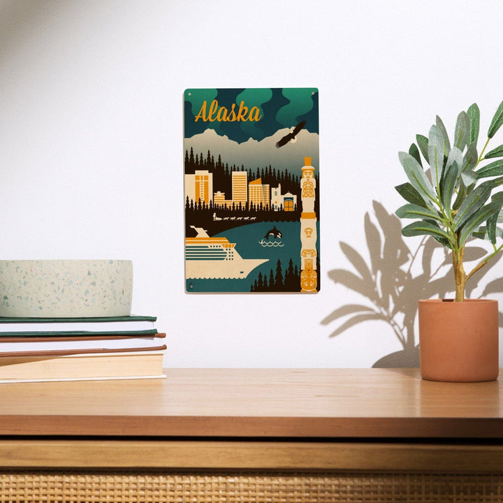 Alaska, Retro Skyline, Lantern Press Artwork, Wood Signs and Postcards Wood Lantern Press