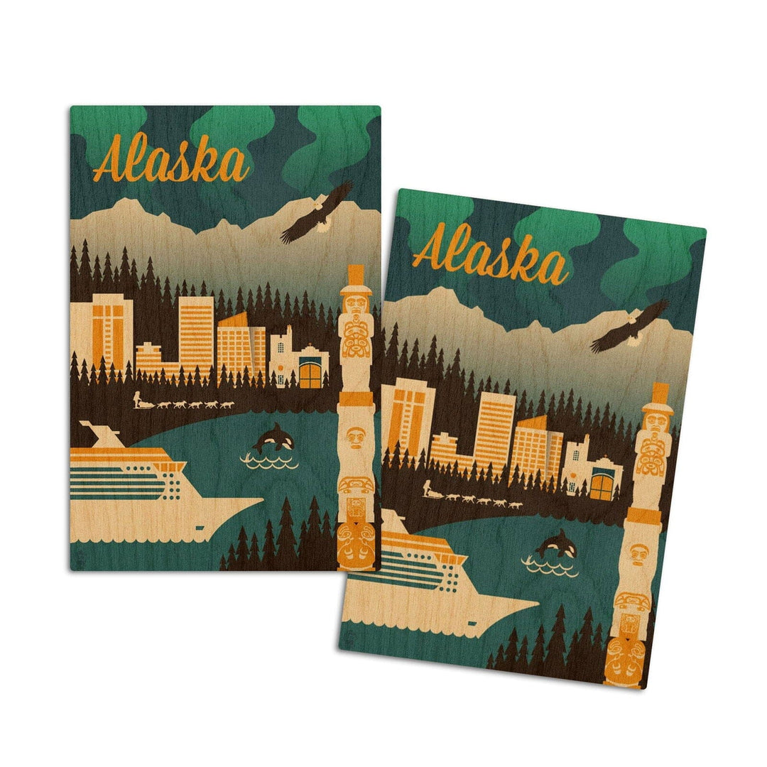 Alaska, Retro Skyline, Lantern Press Artwork, Wood Signs and Postcards Wood Lantern Press 4x6 Wood Postcard Set