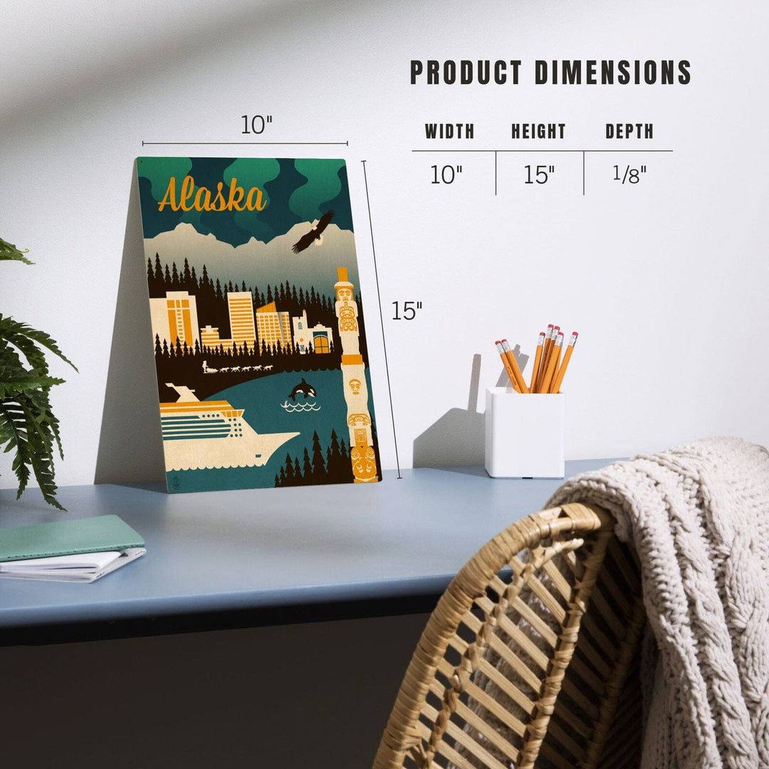 Alaska, Retro Skyline, Lantern Press Artwork, Wood Signs and Postcards Wood Lantern Press