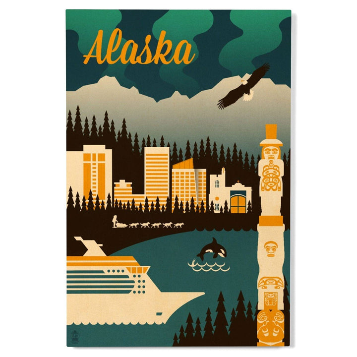 Alaska, Retro Skyline, Lantern Press Artwork, Wood Signs and Postcards Wood Lantern Press