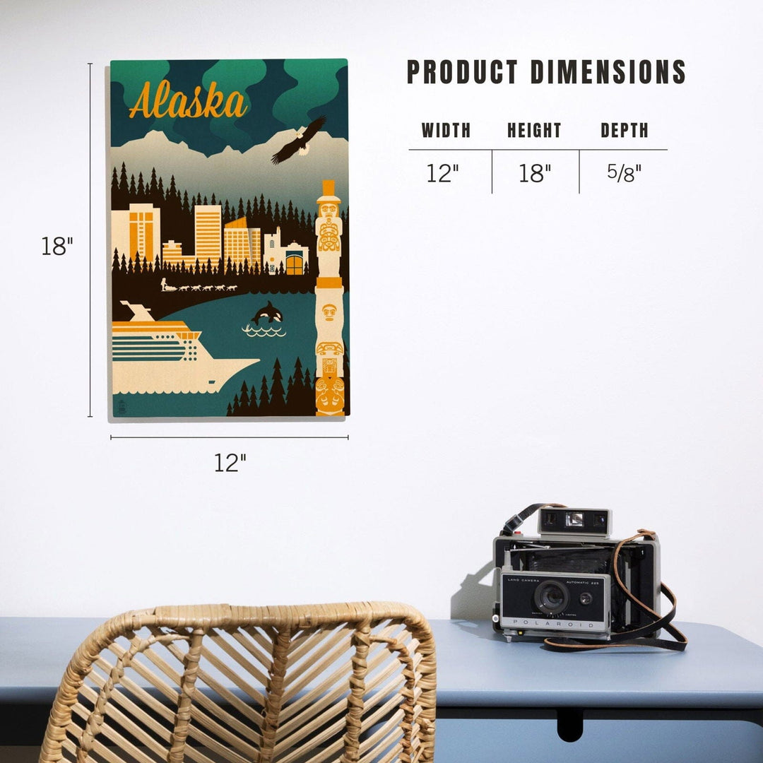 Alaska, Retro Skyline, Lantern Press Artwork, Wood Signs and Postcards Wood Lantern Press