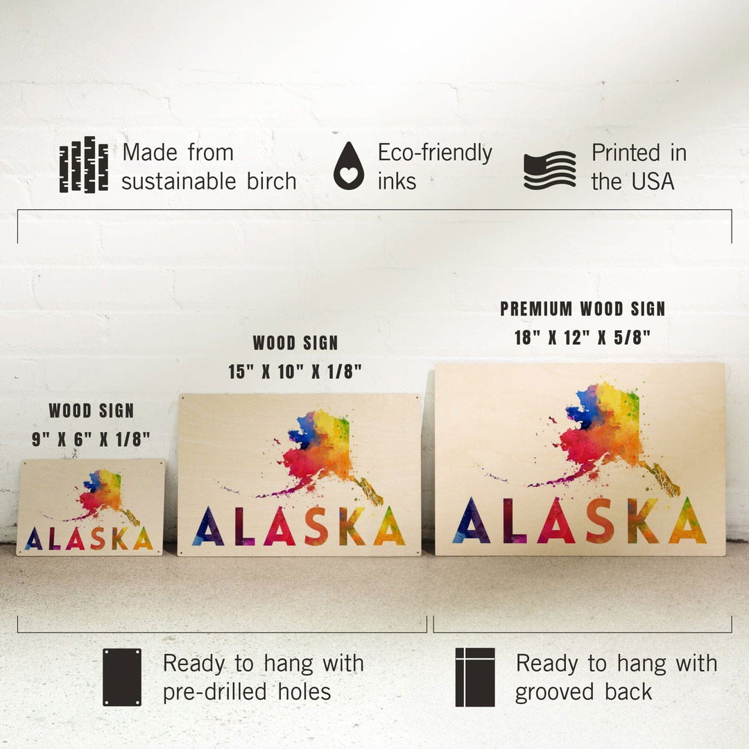 Alaska, State, Vibrant Watercolor, Lantern Press Artwork, Wood Signs and Postcards Wood Lantern Press