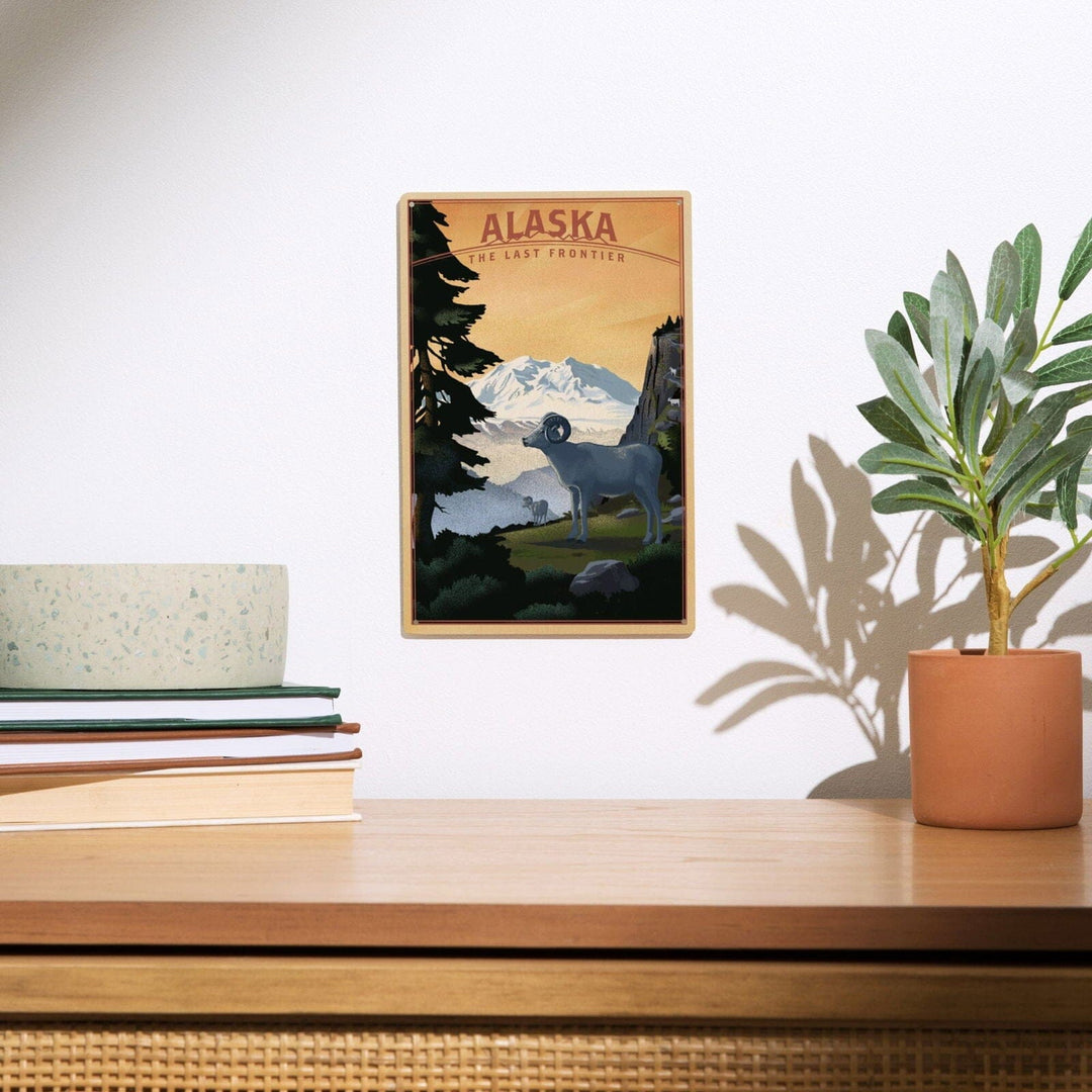 Alaska, The Last Frontier, Dall Sheep & Mountain, Lithograph, Lantern Press Artwork, Wood Signs and Postcards Wood Lantern Press