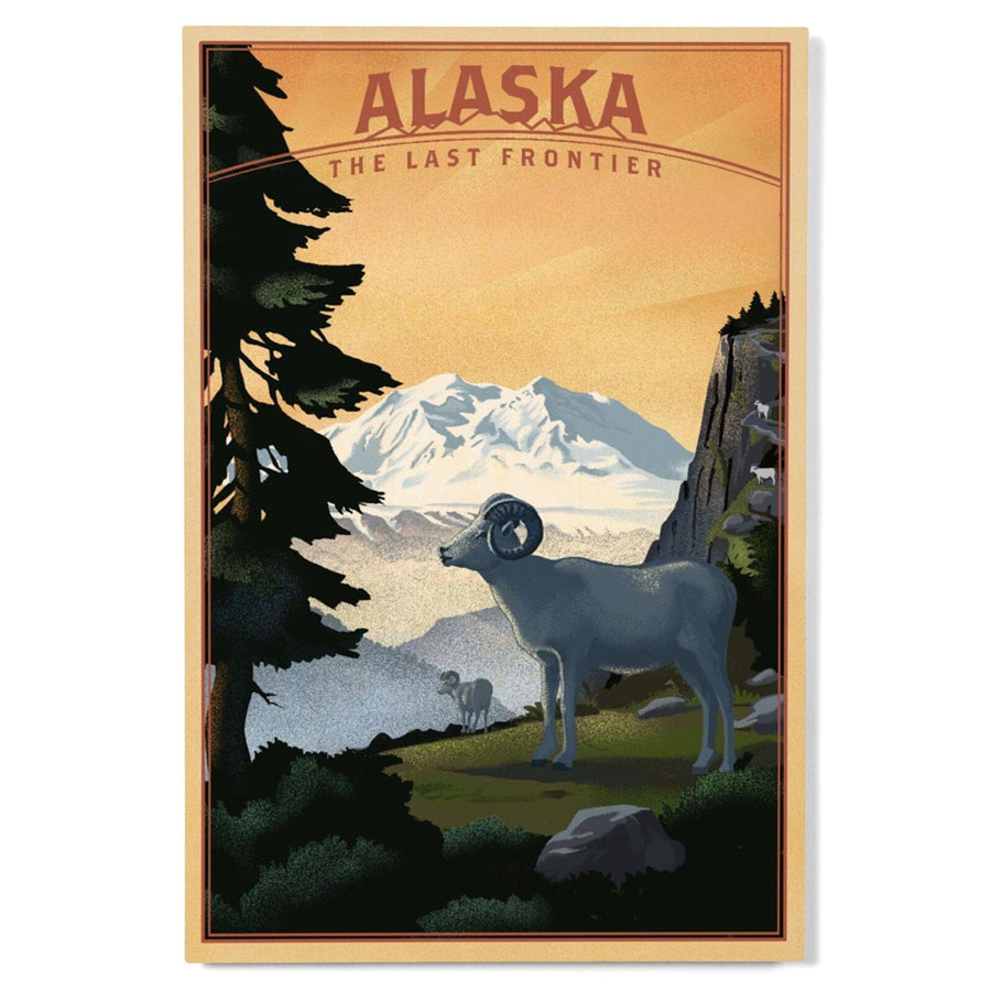 Alaska, The Last Frontier, Dall Sheep & Mountain, Lithograph, Lantern Press Artwork, Wood Signs and Postcards Wood Lantern Press