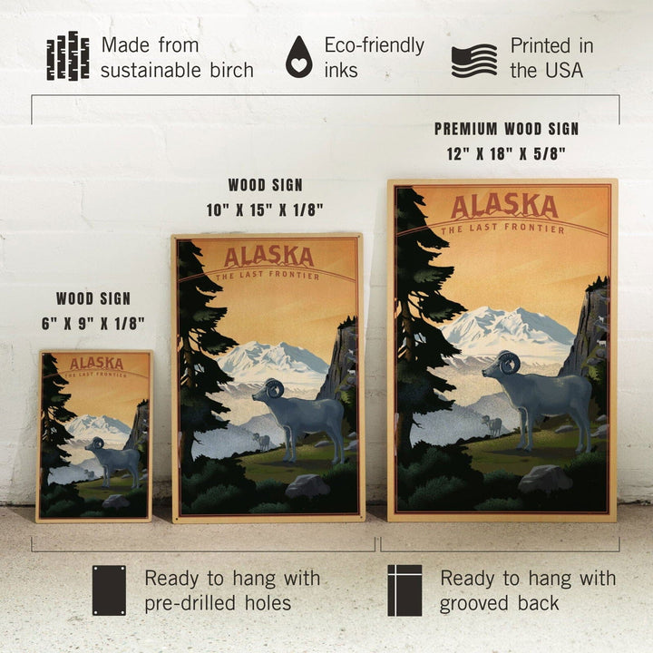 Alaska, The Last Frontier, Dall Sheep & Mountain, Lithograph, Lantern Press Artwork, Wood Signs and Postcards Wood Lantern Press