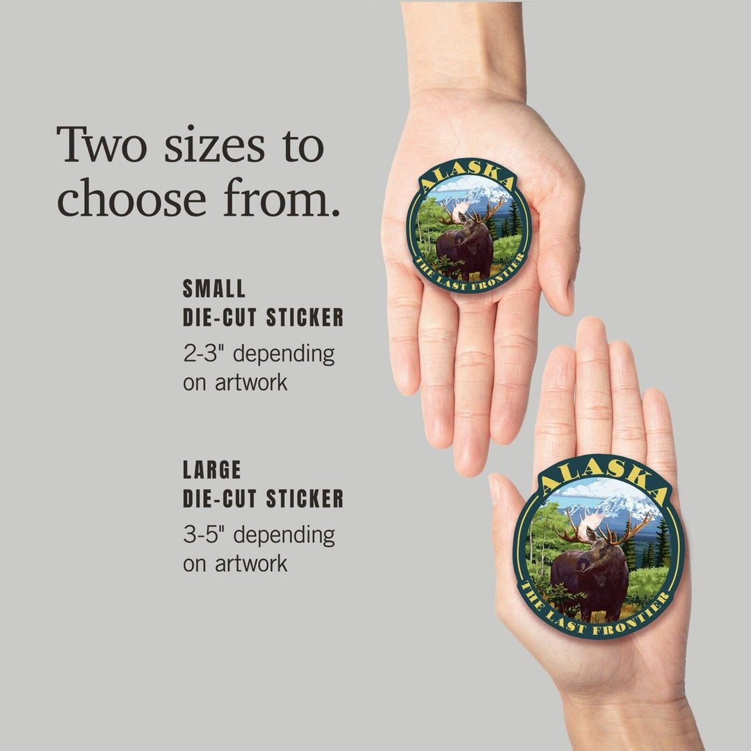 Alaska, The Last Frontier, Moose Scene, Contour, Lantern Press Artwork, Vinyl Sticker Sticker Lantern Press