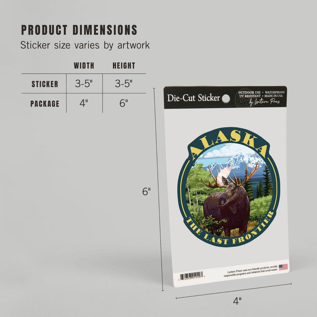 Alaska, The Last Frontier, Moose Scene, Contour, Lantern Press Artwork, Vinyl Sticker Sticker Lantern Press