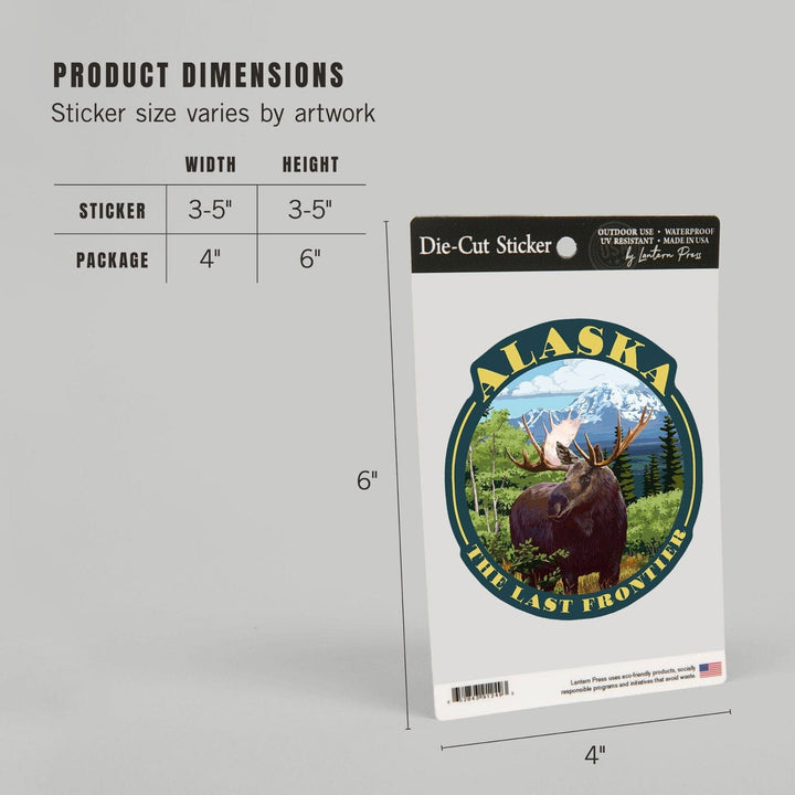 Alaska, The Last Frontier, Moose Scene, Contour, Lantern Press Artwork, Vinyl Sticker Sticker Lantern Press