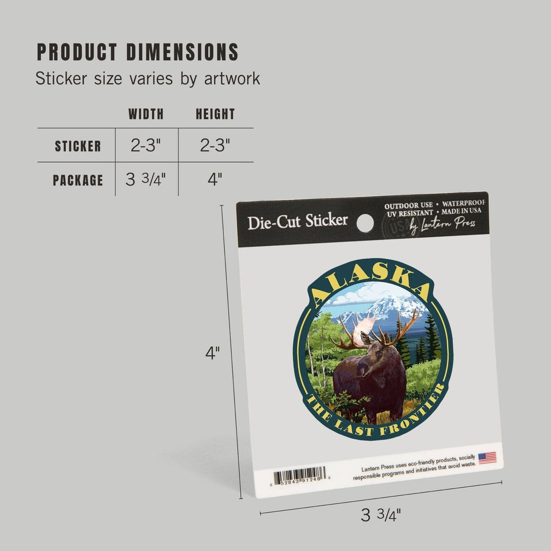 Alaska, The Last Frontier, Moose Scene, Contour, Lantern Press Artwork, Vinyl Sticker Sticker Lantern Press